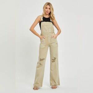 Patch Pocket Wide Leg Denim Overalls - Risen